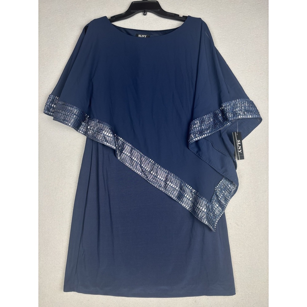 SLNY Dress Womens 10 Navy Silver Asymmetric Capelet Sequin Trim Formal New